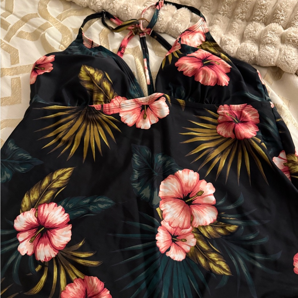 Kona Sol Black Tropical Floral One Piece